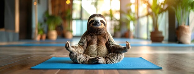 Fototapeta premium A meditating sloth sits on a yoga mat in a peaceful indoor studio, humorously embodying mindfulness, relaxation, and wellness trends