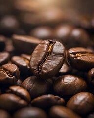 Extreme Close-up Macro Shot of Freshly Roasted Dark Coffee Beans with Selective Focus and Warm Lighting