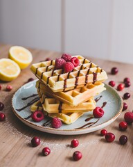 Homemade Belgian Waffles Stacked with Fresh Raspberries, Chocolate Syrup, and Lemon Slice on Plate, pancakes with chocolate and berries