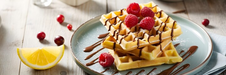 Homemade Belgian Waffles Stacked with Fresh Raspberries, Chocolate Syrup, and Lemon Slice on Plate, pancakes with chocolate and berries