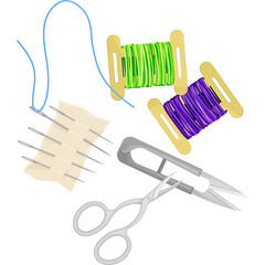 Collection Of Sewing Supplies Including Thread Spools Scissors And Needles On A White Background