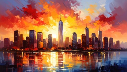 Abstract sunset painting of a modern city skyline with skyscrapers reflecting fiery clouds and golden light across the river creating a vision of progress and energy