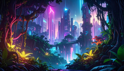 Surreal artistic background of dense glowing jungle roots and vines growing over futuristic skyscrapers, blending wild nature with advanced urban architecture, neon highlights, abstract HD design