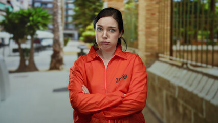 Obraz premium Woman in orange prison jumpsuit standing with arms crossed on an outdoor street, capturing a tense moment with an urban backdrop featuring palms and brick architecture.