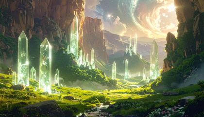 Abstract futuristic valley where glowing crystal towers emerge from green meadows, city skyscrapers blending with natural canyon landscape, surreal harmony background, high-definition, no text