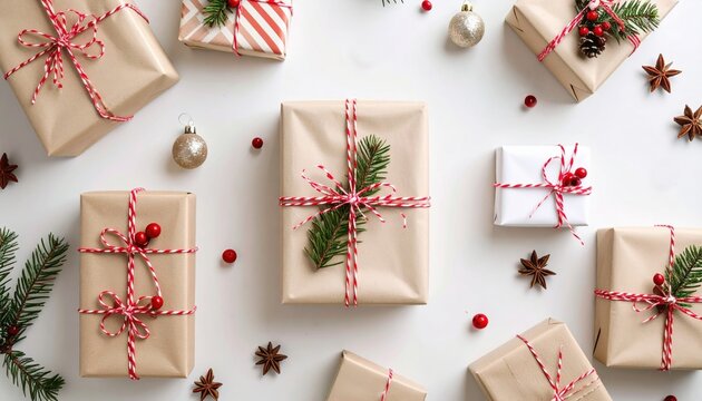 Minimalist flat lay of Christmas gifts wrapped in paper with natural decorations representing the eco friendly holiday trend of sustainability simplicity and elegance
