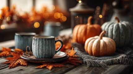 Fototapeta premium Cozy Autumn Scene with Pumpkin, Coffee Cups, and Warm Decor