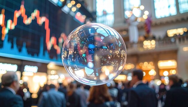 Transparent bubble floating inside stock exchange hall with market chart in background illustrating concept of financial bubbles economy speculation and investment risk