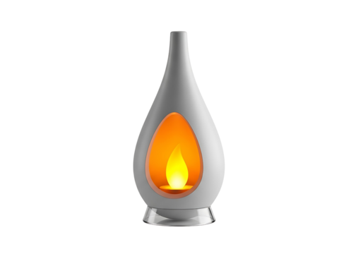 Modern teardrop shaped decorative lantern with flame light isolated on transparent background
