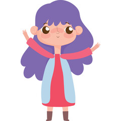 Charming Cartoon Girl With Long Purple Hair And Freckles Standing With Open Arms Wearing Pink Dress And Blue Jacket