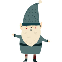 Charming Cartoon Gnome With Pointed Hat And Beard Wearing A Gray Tunic With Striped Trousers And Fuzzy Pom Pom Hat Isolated On White Background