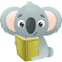 Charming Cartoon Koala Reading A Yellow Book With A Sweet Expression And Big Eyes Against A Transparent Background