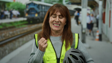 Hispanic senior woman in safety vest holding helmet at train station, conveying a sense of preparedness and safety in an outdoor railway environment with trains in the background.