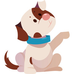 Charming cartoon puppy with brown and white fur wearing a blue collar sits patiently with one paw raised in a greeting gesture against a clean transparent background a delightful illustration.