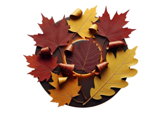 Autumn leaves arranged in a circular pattern isolated on transparent background