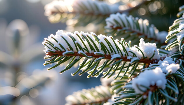 Close up of pine branch with snow winter sunlight green needle cold nature outdoor peaceful frosty