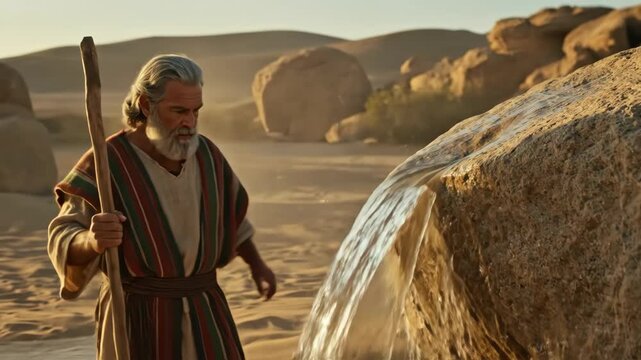 Moses striking rock in desert causing water to flow for his people, biblical miracle, religious historical event footage