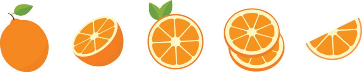 Orange Fruit Vector Set- Whole, Half, and Slice Illustrations for Juice and Citrus Designs