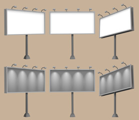 Realistic vector set of blank outdoor billboards in various angles and lighting states. Perfect for advertising mockups, presentations, or design projects.