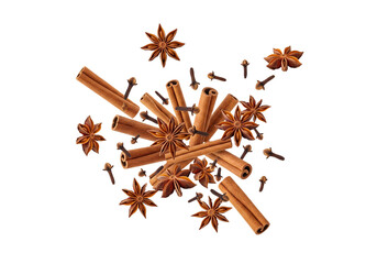 Aromatic Warm Spices Scattering: Cinnamon Sticks, Star Anise, and Cloves Isolated on White Background