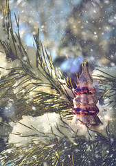 Powder snow covered pine tree. Christmas decorations and fairy festive atmospheric mood. Outdoors. Christmas, New Year, winter holiday concept. Winter time. Snowfall