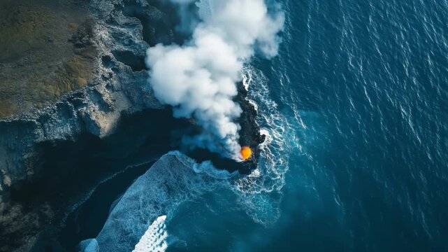 Volcanic lava flow erupting into ocean water