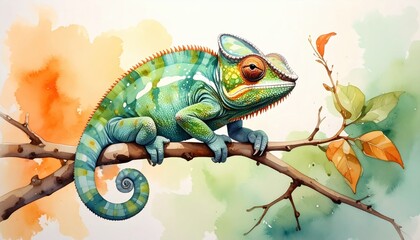 Vivid watercolor of a chameleon perched on a branch among colorful leaves, representing transformation, adaptation and diversity, concept of change and natural beauty in tropical environment