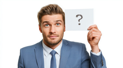 Businessman holding a question mark card and looking thoughtful, representing confusion and problem solving in business, suitable for concepts like decision making, uncertainty, strategy.