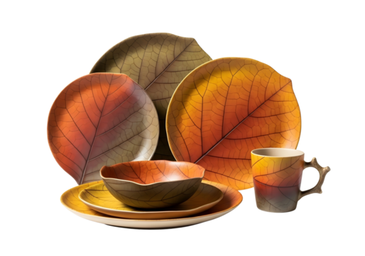 Autumn leaf patterned dinnerware set isolated on transparent background