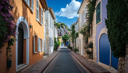Fototapeta premium Narrow avenue lined by vivid painted houses, arched entries, classic rail balconies, mountain peak visible against clear sky.