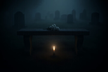 All Saints Day Stone Memorial Bench with Candle and Flowers