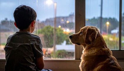 Boy & dog watch rain outside window, indoor scene. Soft lighting, subdued color palette evokes calm