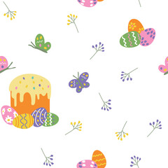 Seamless Easter pattern with traditional holiday cake, painted eggs, butterflies, and floral elements on white background, perfect for festive packaging, children’s textiles, and greeting card design