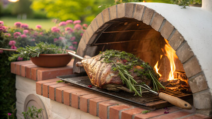 A leg of lamb covered in herbs hangs roasting over hot coals in a rustic brick outdoor oven
