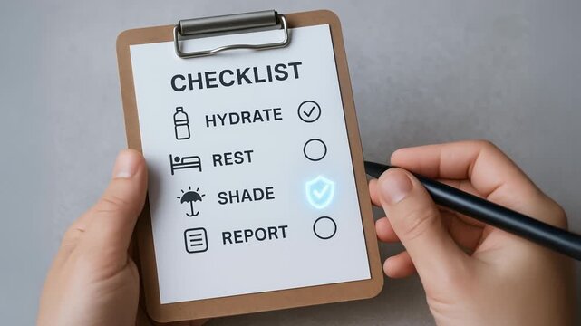 Heat stress safety work checklist includes hydrate rest shade report to prevent heat related illness ensure well being and worker protection during