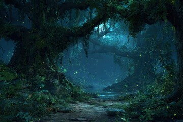 Magical Glowing Forest Path at Night