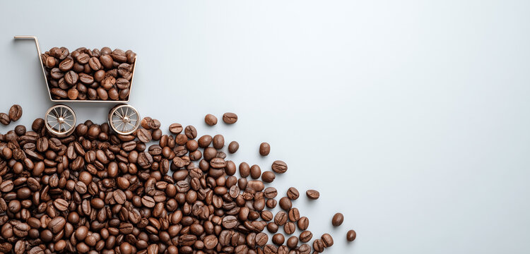 Coffee beans spilled on white surface minimal style - Powered by Adobe