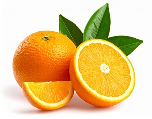 Composition of oranges and orange slices with green leaves on bright white background