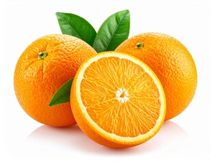 Composition of oranges and orange slices with green leaves on bright white background