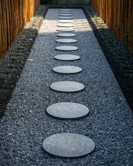 Obraz premium a zen garden path with stepping stones leading through gravel and wooden fencing, creating a serene and minimalist design