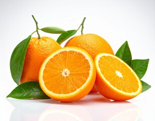 Composition of oranges and orange slices with green leaves on bright white background