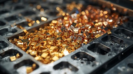 a close-up shot of a manufacturing process featuring metal cubes. A meticulous array of metal cubes arranged in compartments. The metallic gleam of the cubes catches the light