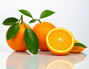 Composition of oranges and orange slices with green leaves on bright white background