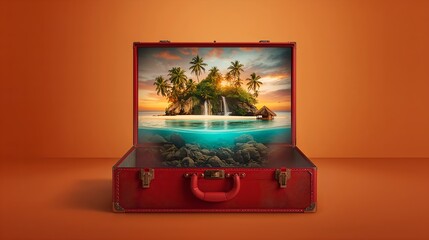 A suitcase revealing an idyllic tropical island paradise, the essence of travel and adventure