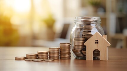 Saving up for the future: Money and home on a wooden table 