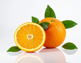 Composition of oranges and orange slices with green leaves on bright white background
