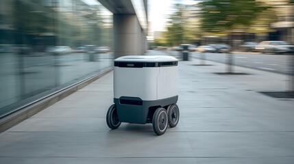 an autonomous delivery robot navigating a city sidewalk, the future of urban transport. The robot is depicted on a paved sidewalk