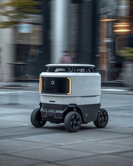 a delivery robot navigating a city street, showcasing technology and innovation. This image captures the essence of modern urban life, highlighting autonomous vehicles.