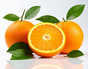Composition of oranges and orange slices with green leaves on bright white background