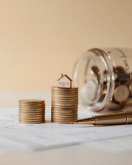 saving for a house with stacks of coins and miniature house on coin stacks